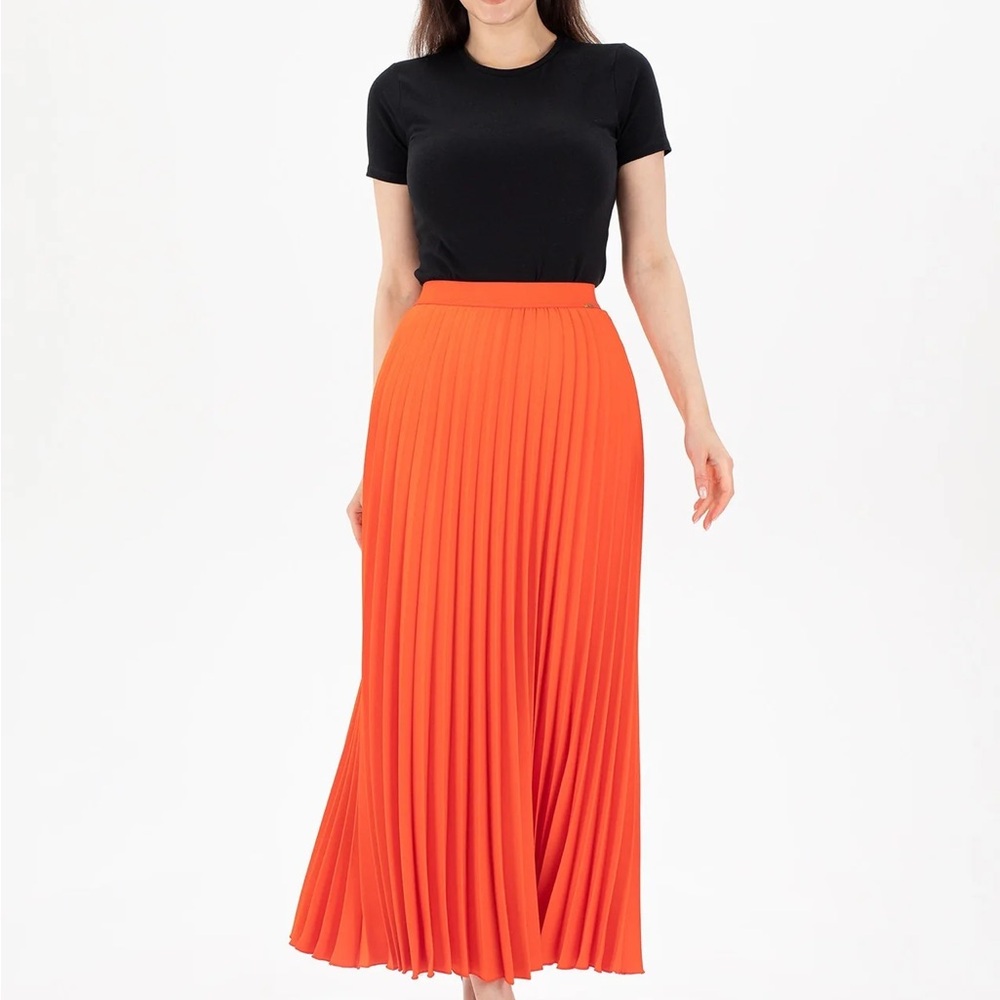 G-Line Women’s Orange Pleated Maxi Skirt with Elastic Waist Band